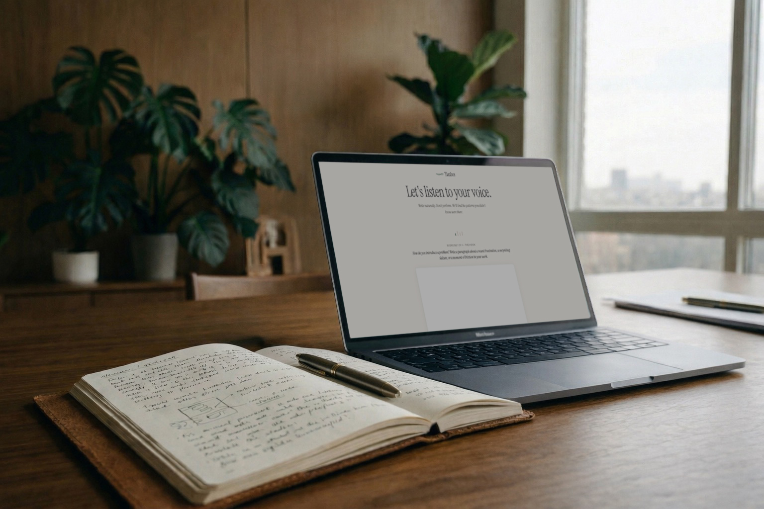 Open journal and pen beside a laptop showing Timbre's calibration interface